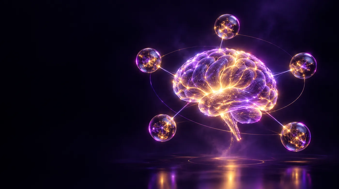 Concept art: a glowing brain connected to floating orbs